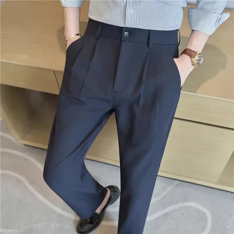 Summer Lightweight Suit Pants Men Solid Color Straight Smart Casual Suit Trousers Mens Half Elastic Waist Full Length Pants