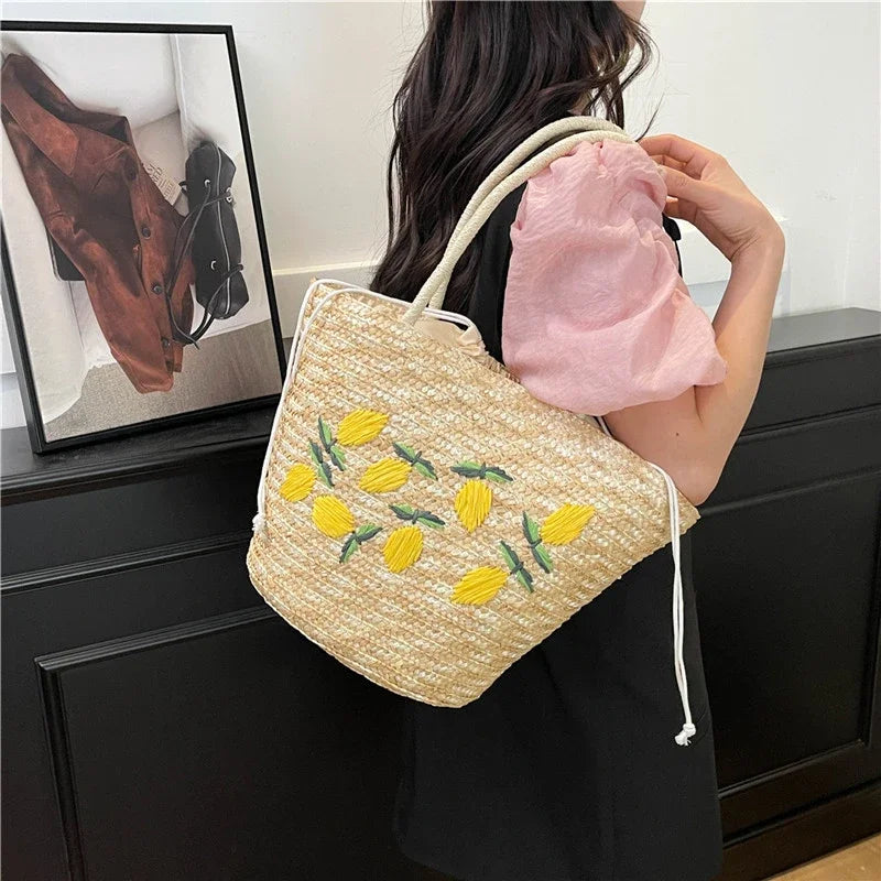 Embroidery Fruit Solid Color Shoulder Bag Straw Woven Hollow Versatile 2025 High Quality Bags for Women New Beach Handbags