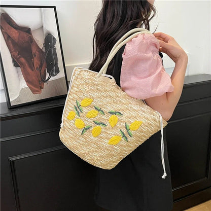 Embroidery Fruit Solid Color Shoulder Bag Straw Woven Hollow Versatile 2025 High Quality Bags for Women New Beach Handbags