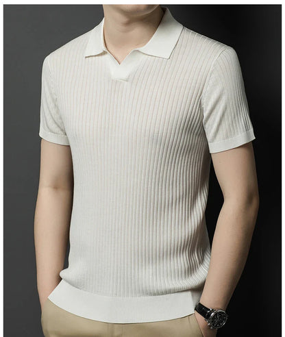 Mulberry Silk Men's Short-Sleeved Shirt, Slim Fit Summer Business Gentleman Men's Polo Shirt in 2024, High-End Knitwear