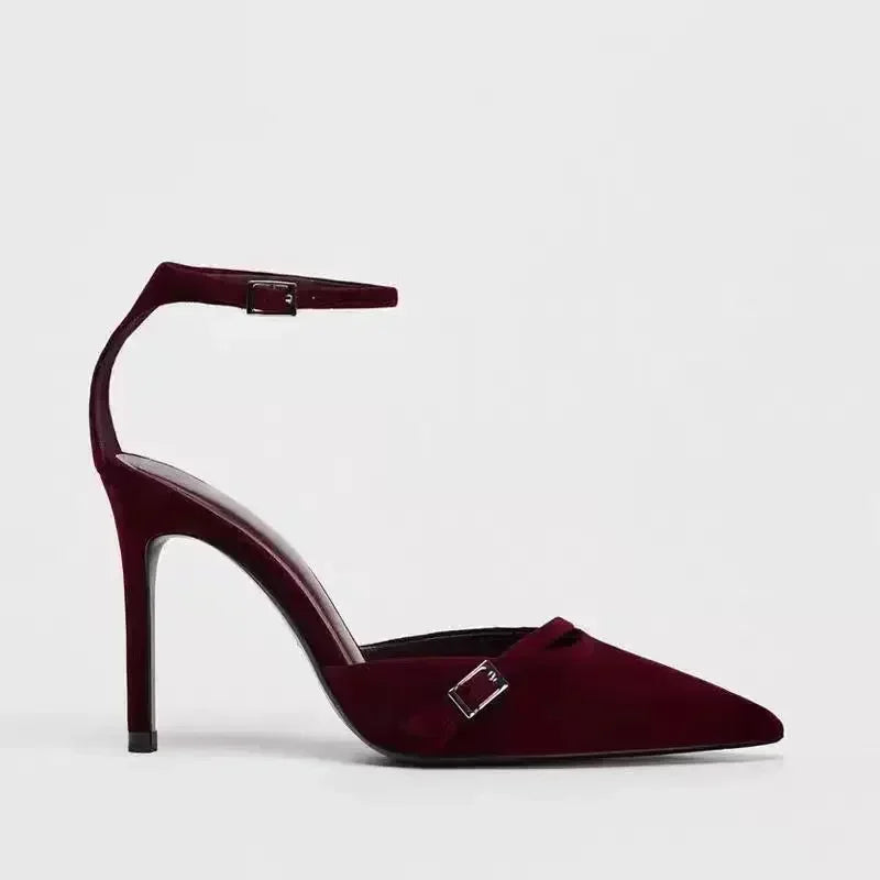 Elegant Burgundy Suede Ankle Strap High Heels Women Sexy Pointed Toe Buckle Strap Women Pumps Designer Party Shoes Heels Wedding