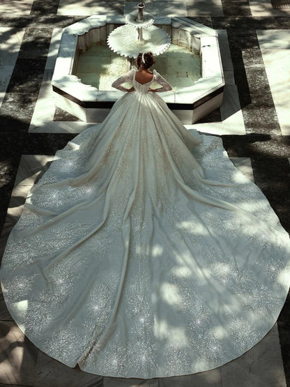 Customized Beaded Long Wedding Dresses 2025 Train Modest Long Sleeve Bridal Gown Charming Princess Dresses For Bride