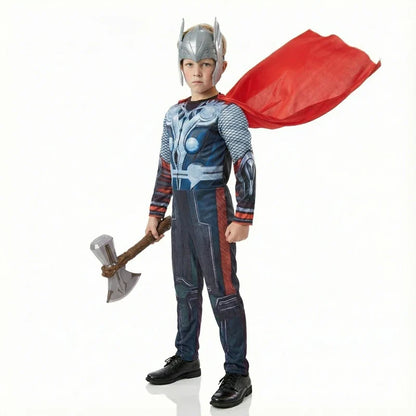 Kids Thor Superhero Cape Costume with Mask Jumpsuit for Halloween Cosplay Party Boys Girls Holiday Dress Up with Plastic Hammer