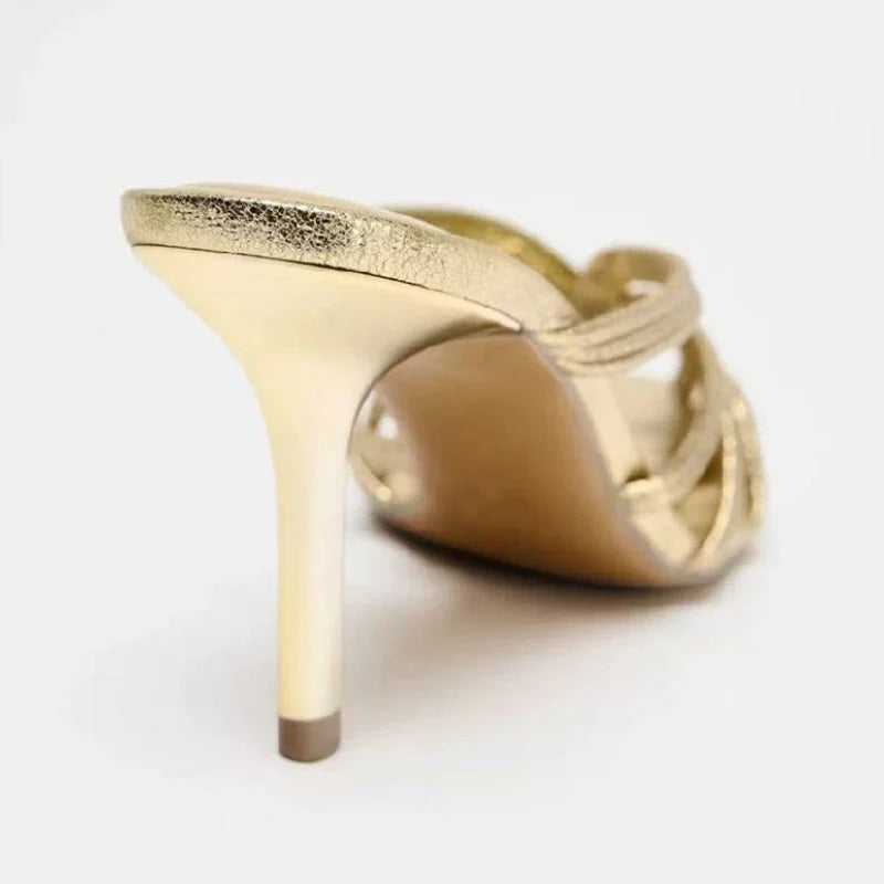 Gold Luxury Thin Heel Slippers Women Dress Shoes Summer New 2025 Hollow Beach Shoes Slides Designer Brand Sandals Ladies Pumps