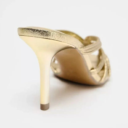 Gold Luxury Thin Heel Slippers Women Dress Shoes Summer New 2025 Hollow Beach Shoes Slides Designer Brand Sandals Ladies Pumps