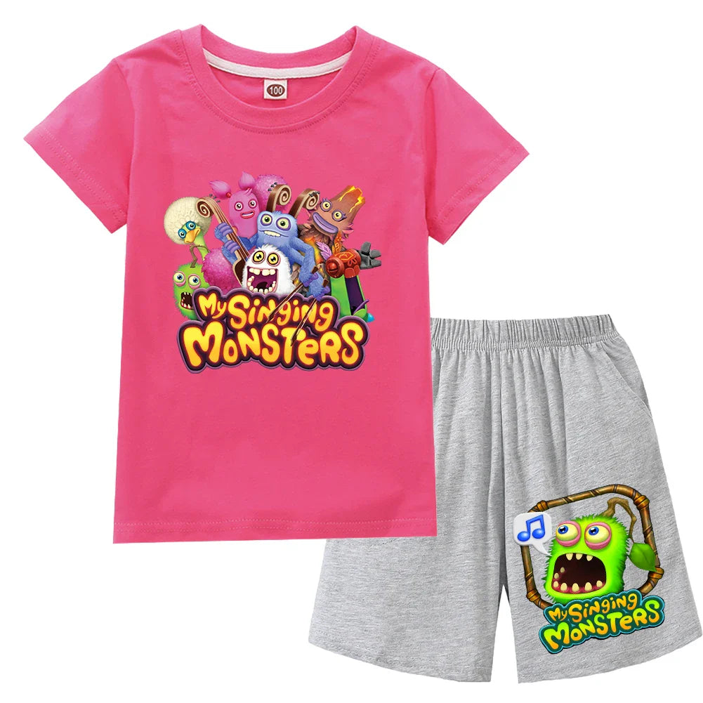 Summer Kids Cartoon Print Sport Clothing Suit Monsters Boys Casual Outfits Children Breathable T Shirt Pocket Shorts 2 Piece Set