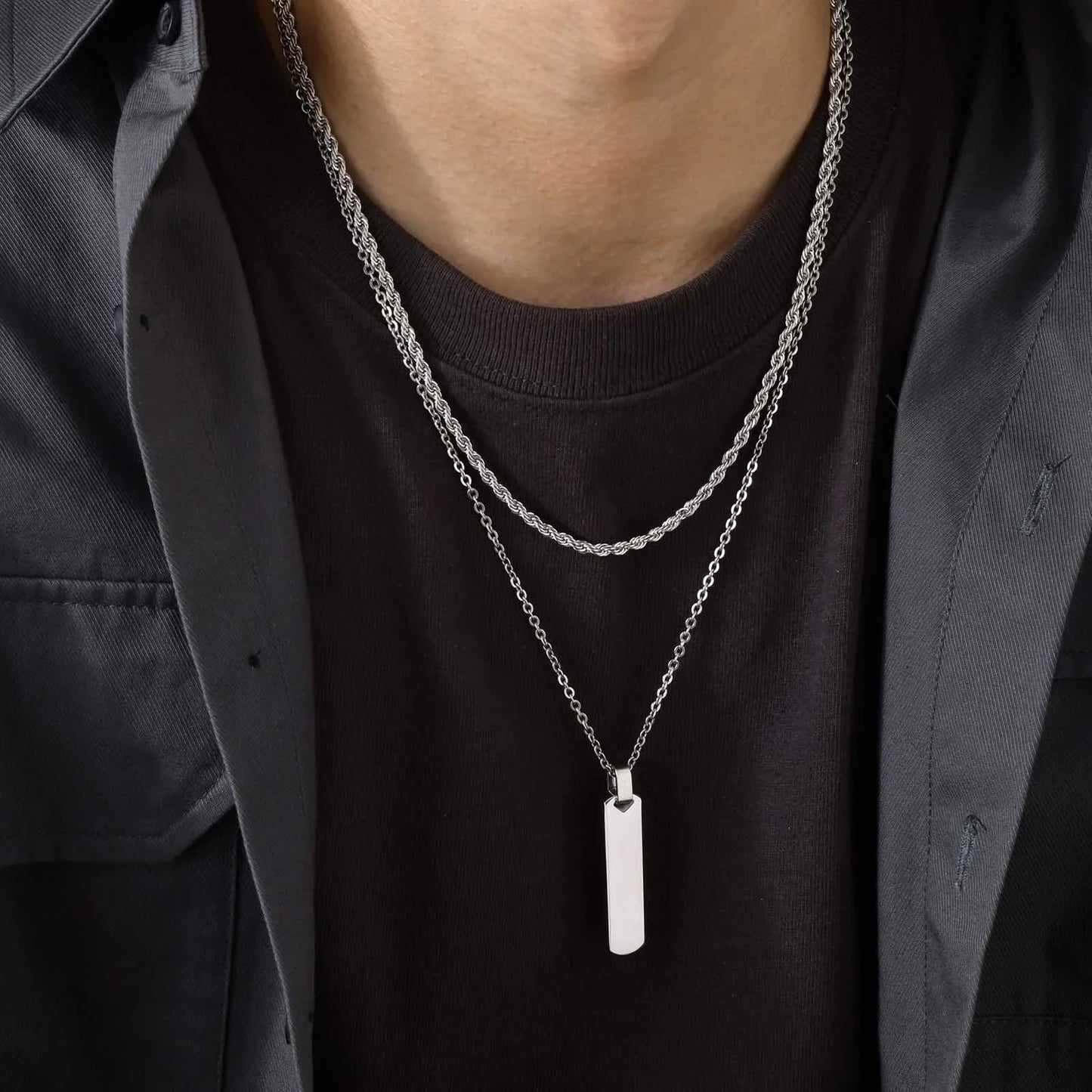 2pcs Vertical Layer Necklaces for Men Boys,Wateproof Stainless Steel Cuban Chain Collar,Stylish Men's Sweater Chain