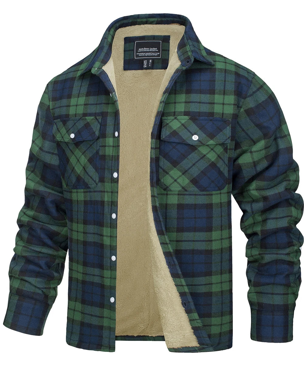 Fleece Lining Jackets Mens Flannel Cotton Jackets Plaid Casual Button Down Cargo Work Coats Thicken Outwear Man Tops