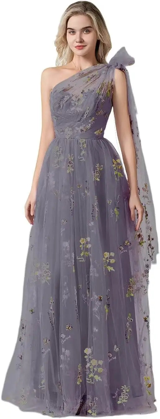 Vestido Longo de Formatura Feminino Elegante de Um Ombro Só com Bordado Floral em Tule, Modelo Godê para Festas de Gala
