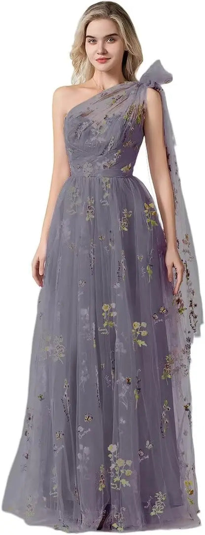 Vestido Longo de Formatura Feminino Elegante de Um Ombro Só com Bordado Floral em Tule, Modelo Godê para Festas de Gala