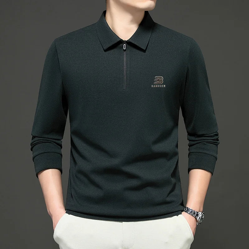 High Quality Polo Shirtspring and Autumn Long Sleeved Men's T-shirt Printed Pattern New Business Casual Solid Color Loos T-shirt