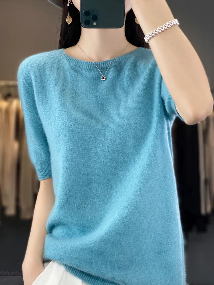 100% pure wool T-shirt spring and summer new women's O-neck pullover short sleeve loose five-sleeve sweater high-end top