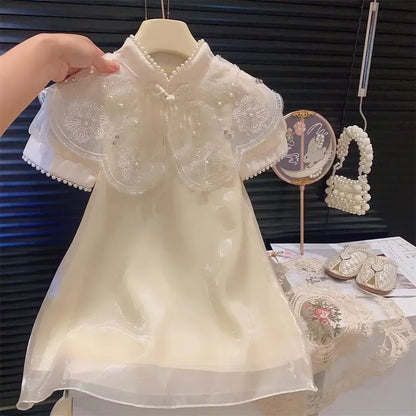 Summer New Chinese Style Elegant White Lace Flower Embroidered Short Sleeve Dress Sweet Girl's Clothes 2-7 Year Old Cheongsam