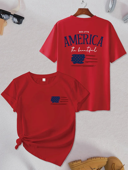 American Flag Print T-Shirt Independence Day Short Sleeve Crew Neck Casual Top For Summer & Spring Women's Clothing