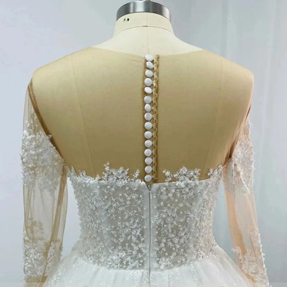 Customized Elegant Silky Lace V-Neck Full Sleeve A Line Wedding Dresses Beading Pearls Brown Skin Bridal Gowns