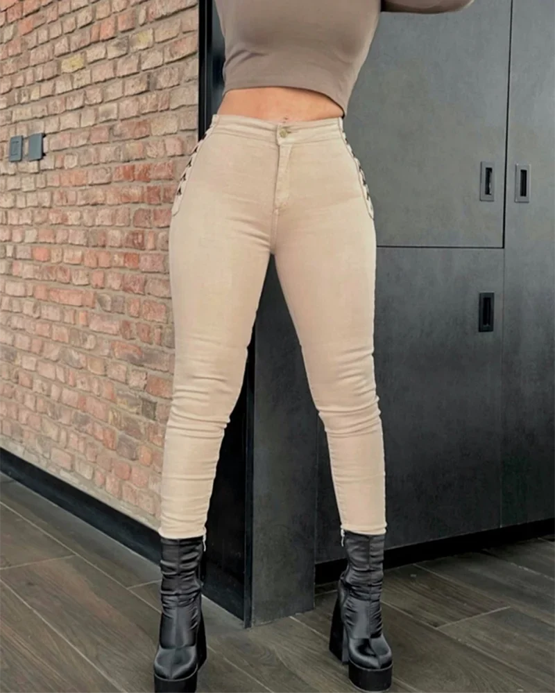 New Design Skinny Braided Jeans Mid Waisted Stretch Trousers Temperament Female Slim Autumn Pants Women casual Denim Pants
