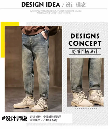 Calça Jeans Masculina Primavera Vintage Elástica Casual Longa Calça Reta Slim Algodão Poliéster Lavada para Adolescentes