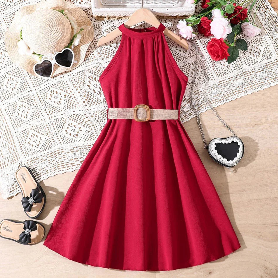 Elegant Summer Princess Dress for Teen Girls with Halter Neck and Off-Shoulder Children Sleeveless Casual Clothes with Belt