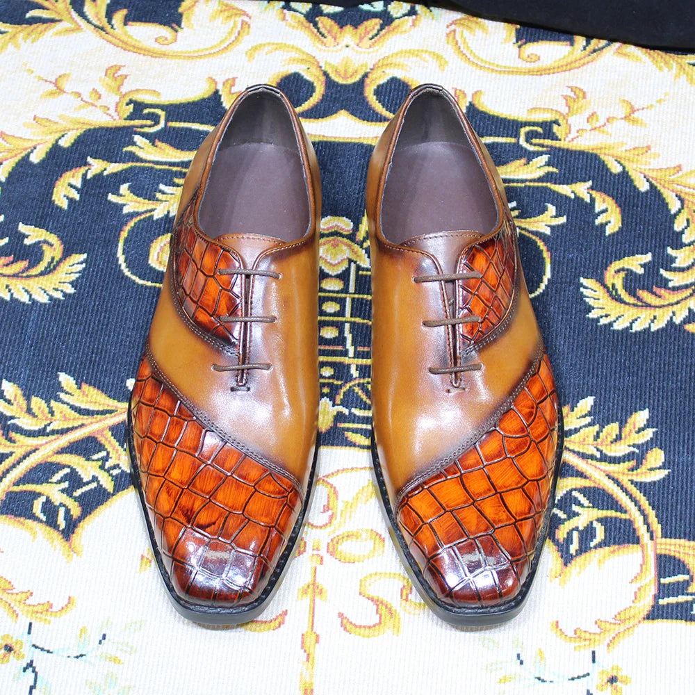 Luxury Men's Patent Leather Dress Shoes Alligator Pattern Oxford Brogue Lace-Up Formal Shoes for Office Wedding Party
