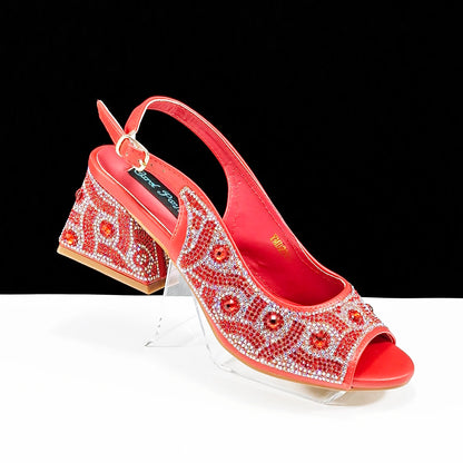 Q Rhinestone Design INS Hot Sale New Arrivals African Shoes and Bag Set in Green Color Open Toe Comfortable Women Heels