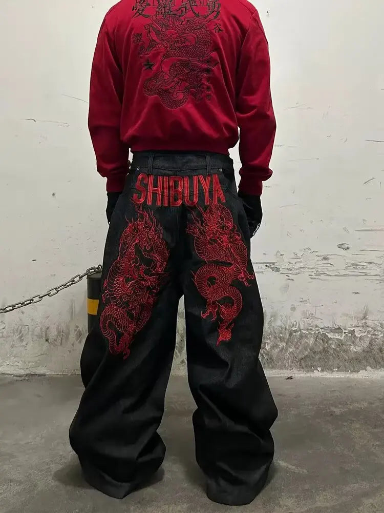 American retro embroidered pattern hip-hop jeans suitable for both men and women Y2K street cool floor length wide leg pants