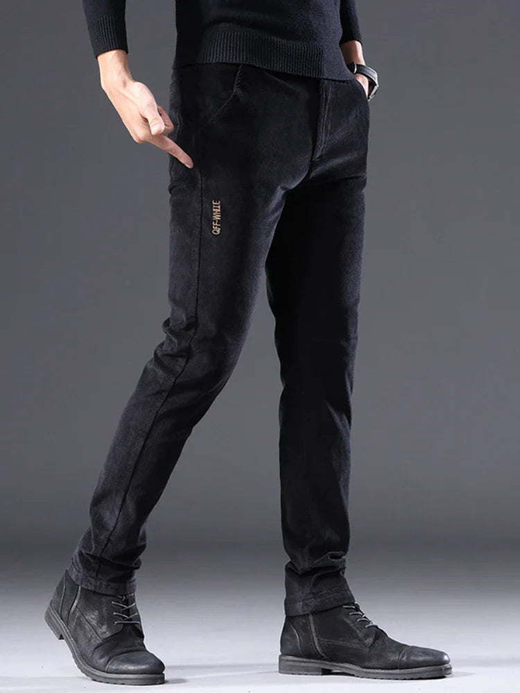 Men's Corduroy Slim Casual Pants 2024 Autumn New Coffee Fashion Stretch Straight Trousers Solid Color Male Clothes