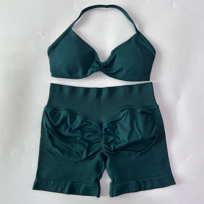 NO LOGO 2PCS Gym Set Women Strappy Yoga Bra Top High Waist Workout Scrunch Shorts Sports Suit Seamless Yoga Set Fitness Clothes