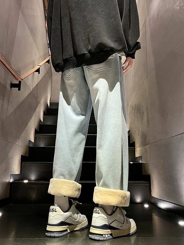 Calça Jeans Masculina de Inverno Coreana Forrada com Lã Grossa Quente Reta Denim Lavado Algodão Azul Retrô Larga Pantalona