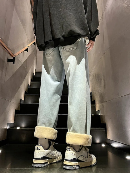Calça Jeans Masculina de Inverno Coreana Forrada com Lã Grossa Quente Reta Denim Lavado Algodão Azul Retrô Larga Pantalona