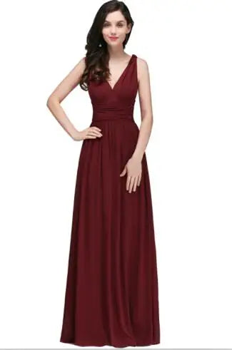 Elegant Burgundy V Neck Long Evening Dresses Summer Sleeveless Chiffon Ruched Formal Wedding Party Prom Gowns Vestido De Fiesta