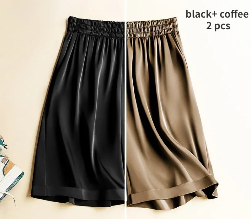 High Waist Ice Silk Acetate Shorts Pants Women's Summer Thin Satin Cropped Pants Casual Loose Plus Size Pajamas Women Shorts