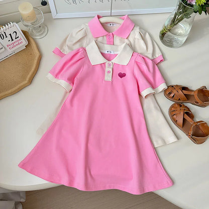 Girls Cotton Lapel Collar Dress Cute Solid Color  Pink  A-line Dress Kids Casual Skin-friendly Daily  Dress