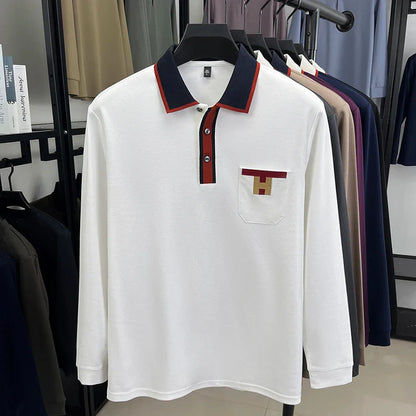 Light Luxury Fashion 100% Pure Cotton Polo Shirt Men's Long Sleeved Autumn New Item Middle-aged Dad Collar Base T-shirt