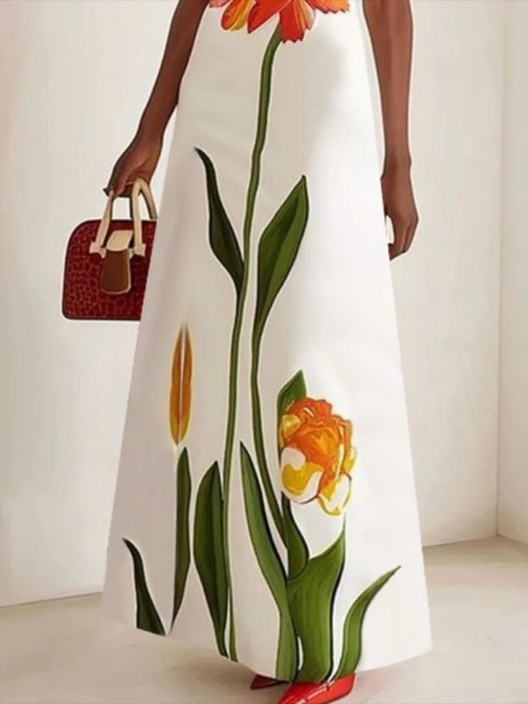 Summer Latest Women's Fashion Flower Printed Dress Round Neck Trend Loose Elegant Party Evening Beach Dresses