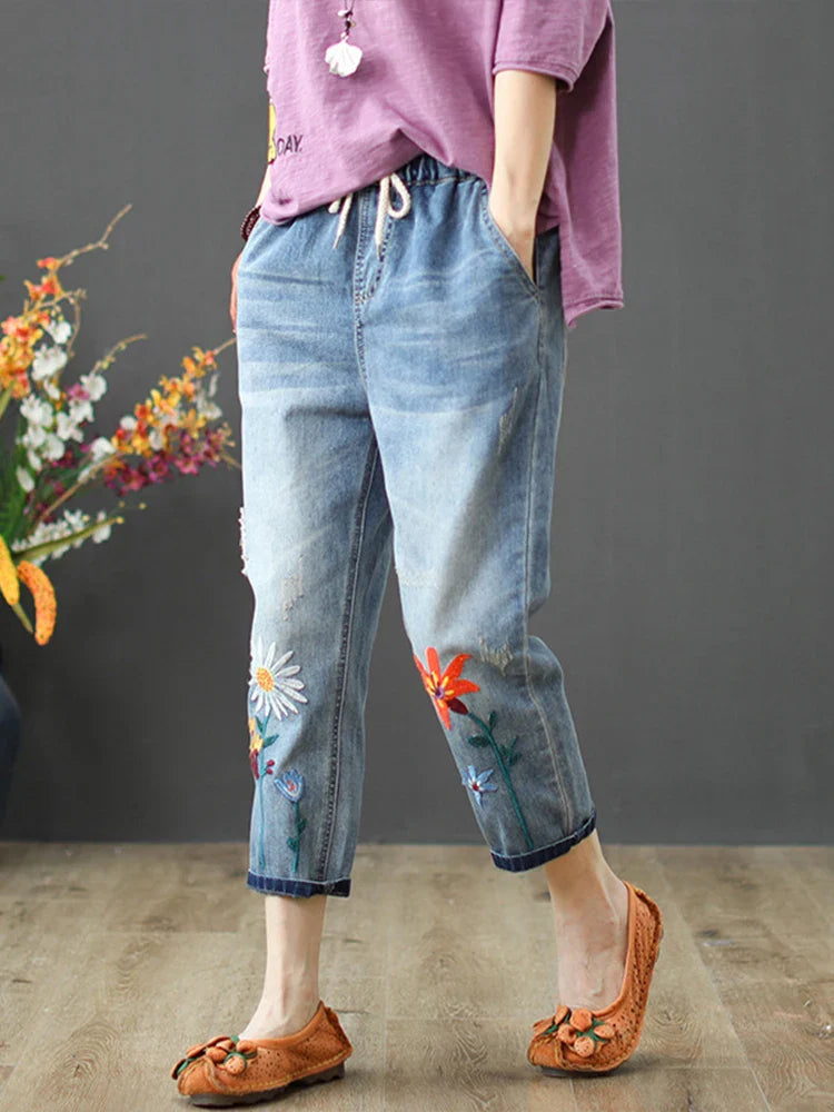 Elastic Elegant Jeans Womens Casual Floral Embroidery Denim Trousers