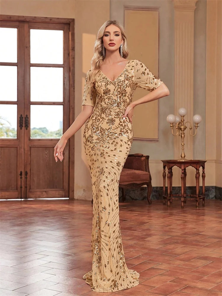 Vestido de festa elegante com lantejoulas e decote em V para mulheres, mangas curtas, sereia, formal, luxuoso, para baile de formatura