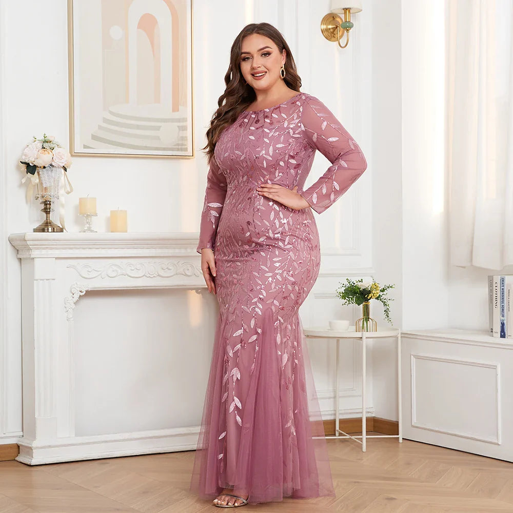 2024 Plus Size Evening Dresses Mermaid O Neck Full Sleeve Lace Appliques  vestidos elegantes  party dress  long