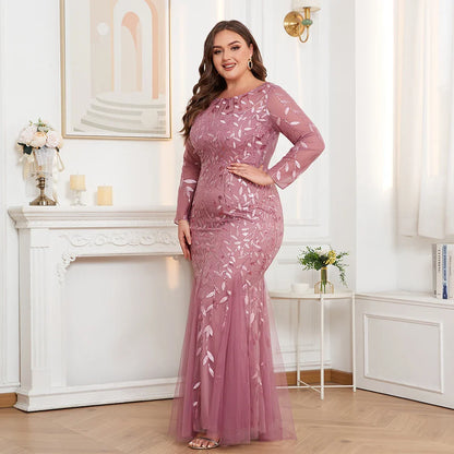 2024 Plus Size Evening Dresses Mermaid O Neck Full Sleeve Lace Appliques  vestidos elegantes  party dress  long