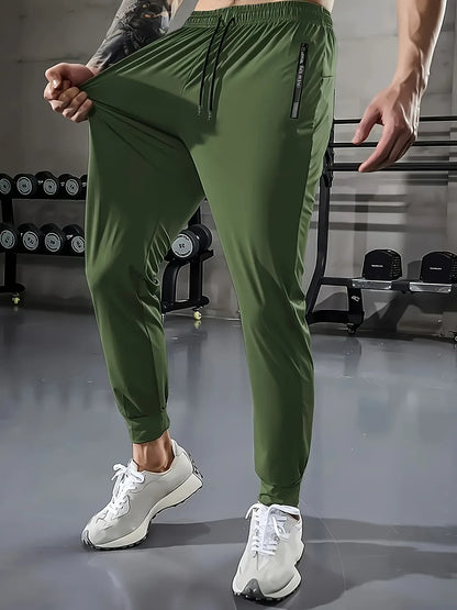 Summer Clothes Football Men's Ice Silk High Elastic Breathable Trousers With Drawstring Zipper Pockets Casual Sports Trousers