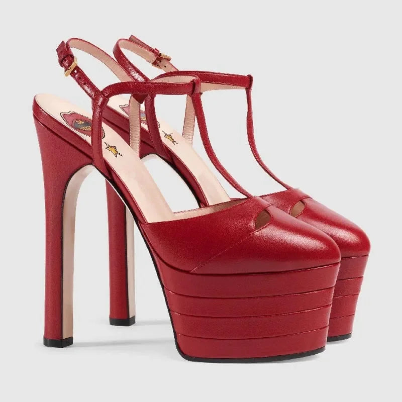 2026 Women's Round Head Sandals Thin Heels 5cm Thick Bottom Slope Heel Fish Mouth Rivet Sandal T-Platform Sandals Size34-43