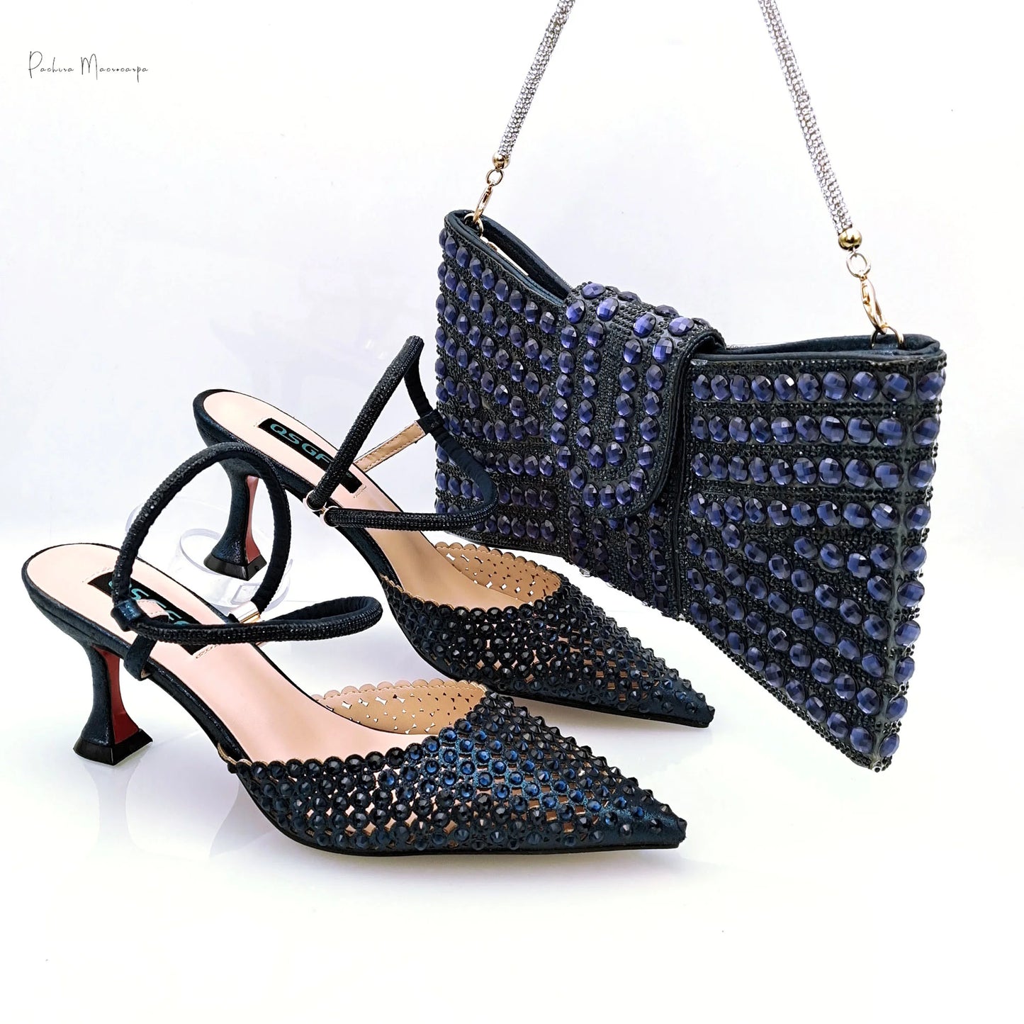 Hot Selling Italian Design African Women's Crystal High Heel Toe Sandals Party Wedding Party Silver Shoes and Bag Set