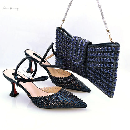 Hot Selling Italian Design African Women's Crystal High Heel Toe Sandals Party Wedding Party Silver Shoes and Bag Set