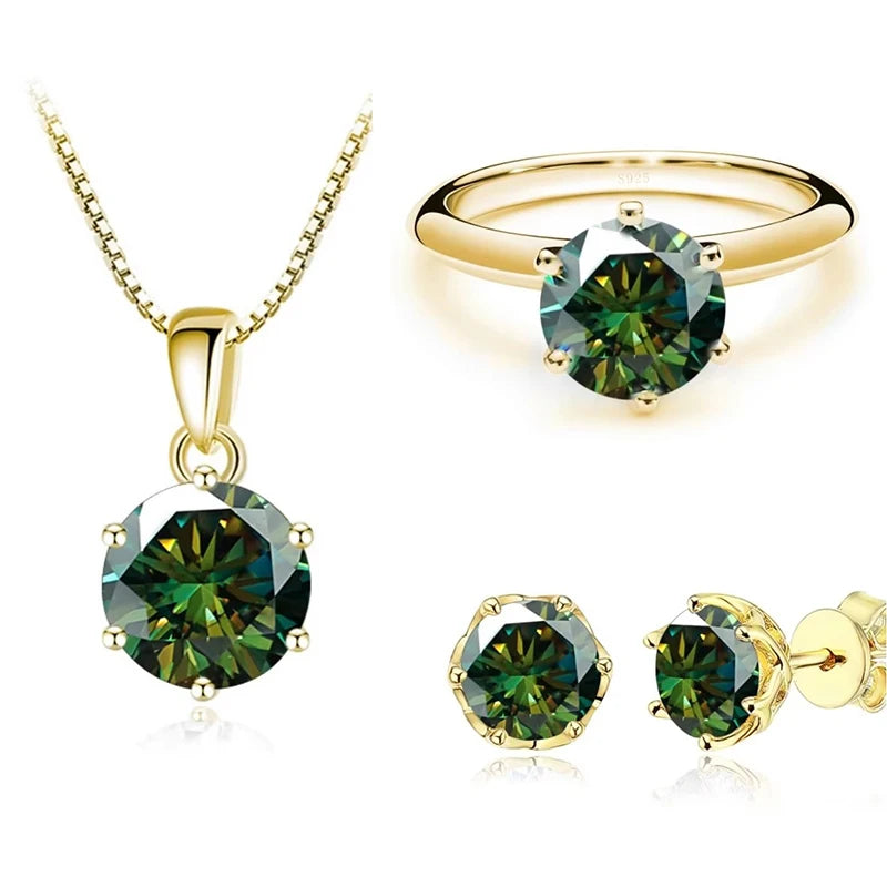 1Carat Moissanite Jewelry Set For Women Sterling S925 Silver Gold Plated Necklace Earrings Ring GRA Certified Wedding