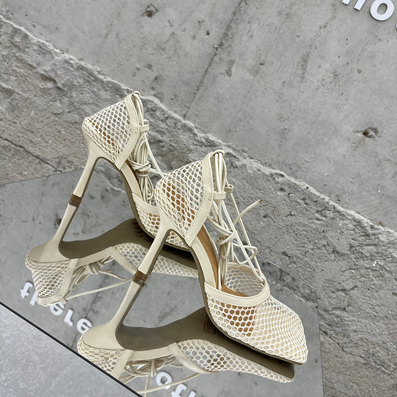 Summer Sexy Mesh Pumps Sandals Female Square Toe High Heel Lace Up Cross-Tied Stiletto Hollow Dress Party Shoes