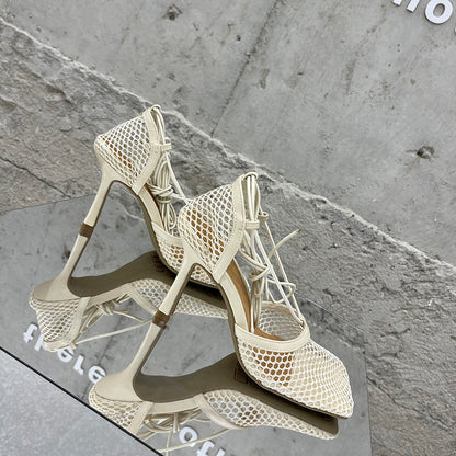 Summer Sexy Mesh Pumps Sandals Female Square Toe High Heel Lace Up Cross-Tied Stiletto Hollow Dress Party Shoes