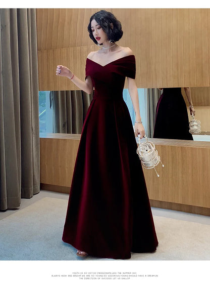 Spring Long Luxury Elegant Wine Red Soft Velvet Evening Party Wedding Dresses for Women 2022 Off Shoulder Maxi Dress