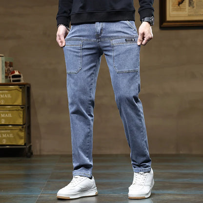 Calça Jeans Masculina Solta de Pernas Retas com Design Versátil de Seis Bolsos, Elástica e Confortável para Atividades ao Ar Livre, Caminhadas, Todas as Estações