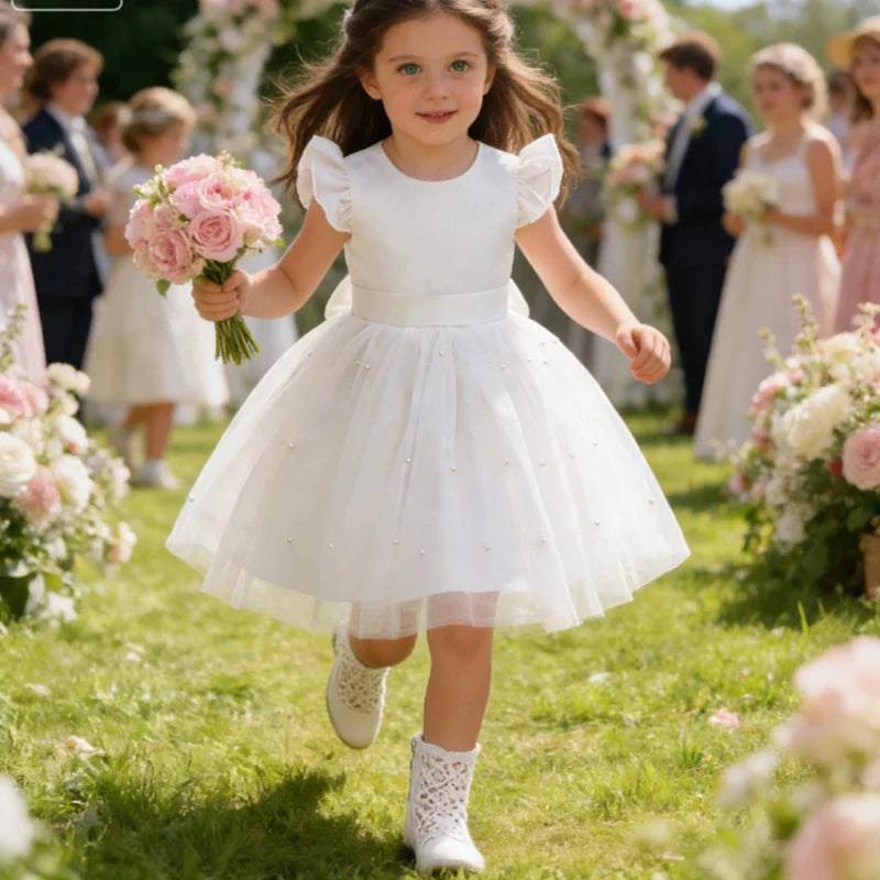 Girls White Wedding Pearls Elegant Pageant Princess Dress For Girls Backless Big Bow Wedding Bridesmaid Birthday Party Ball Gown