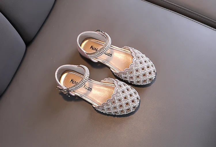 Summer Girl's Sandals Sliver Pink Diamante Luxury Hollow-out Kids Sliders Hook-loop Round Toe Glitter Stylish Children Shoe26-36