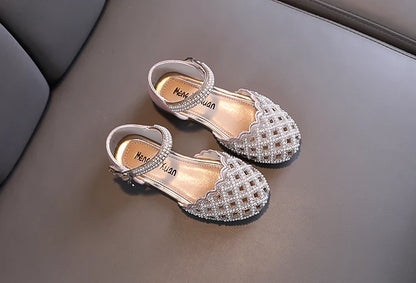 Summer Girl's Sandals Sliver Pink Diamante Luxury Hollow-out Kids Sliders Hook-loop Round Toe Glitter Stylish Children Shoe26-36